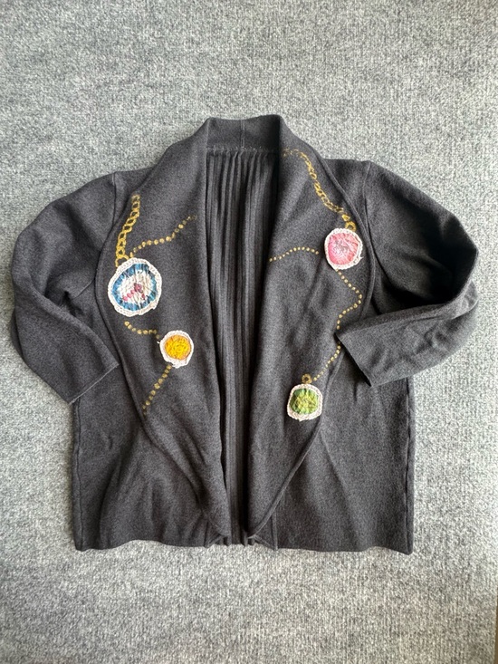 Sweaters - Open Front Cardigan Knit Charcoal Gray Applique Hand Painted Large 80s Vintage